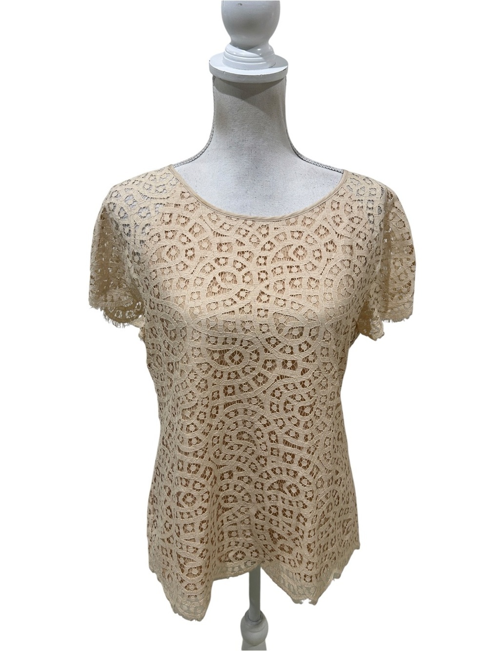 J. Crew Beige Lace Crochet stretch Short Sleeve Top size 10